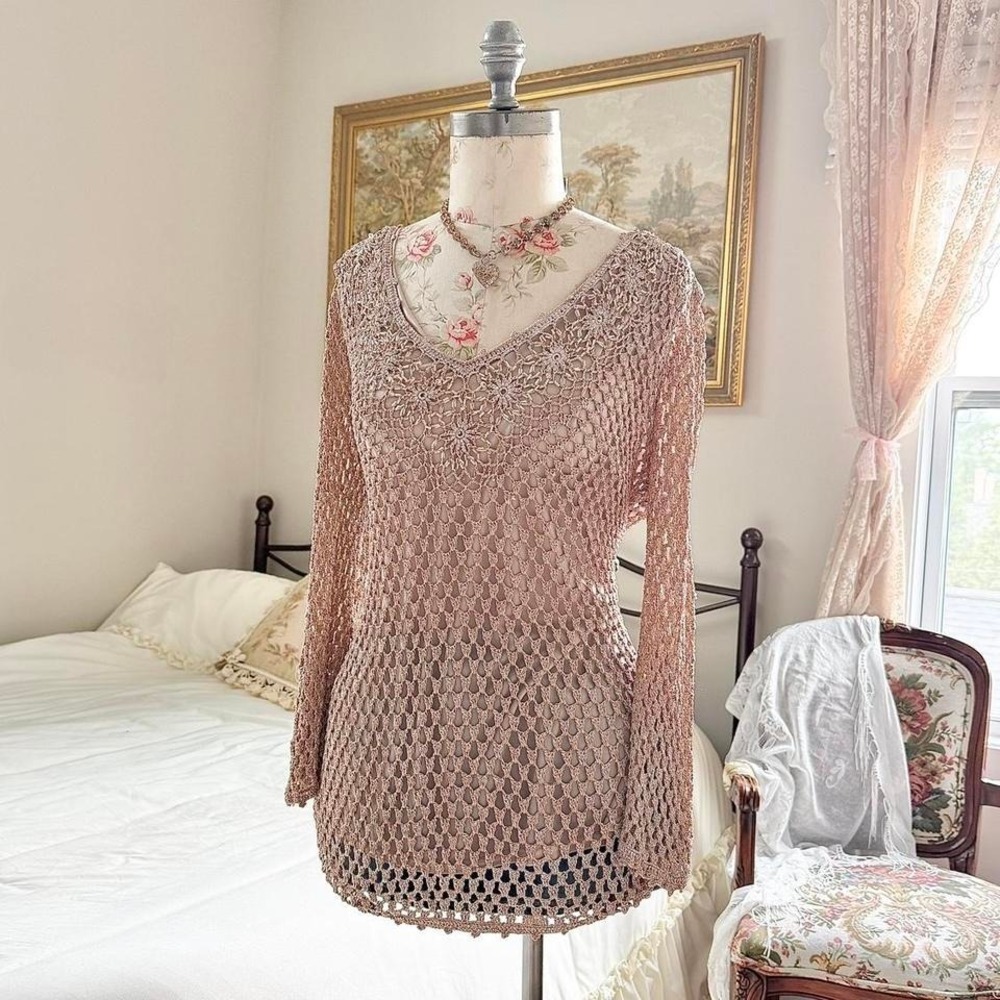 crochet knit fairy top  Y2K ashley stewart tan crochet knit‎ top size large